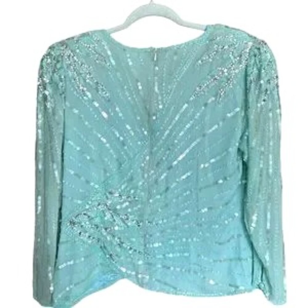 Vintage Neiman Marcus Glam Sequin Silk Top, Pale Aqua, Lined, EUC, Sz.12
